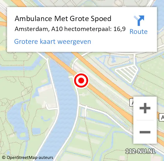 Locatie op kaart van de 112 melding: Ambulance Met Grote Spoed Naar Amsterdam, A10 hectometerpaal: 16,9 op 13 februari 2022 17:45