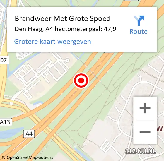 Locatie op kaart van de 112 melding: Brandweer Met Grote Spoed Naar Den Haag, A4 hectometerpaal: 47,9 op 13 februari 2022 17:56