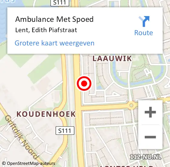 Locatie op kaart van de 112 melding: Ambulance Met Spoed Naar Lent, Edith Piafstraat op 13 februari 2022 18:17