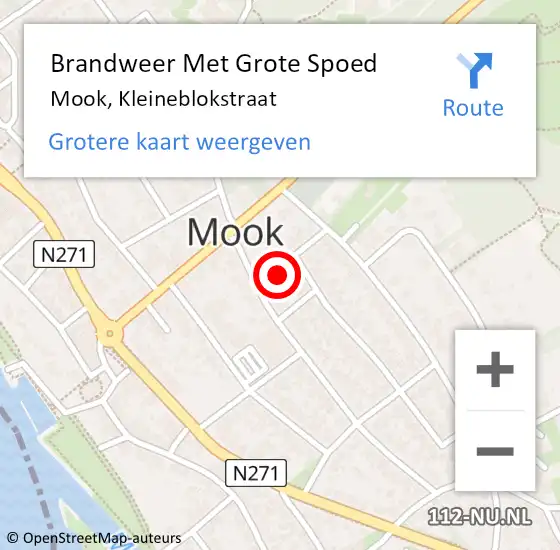 Locatie op kaart van de 112 melding: Brandweer Met Grote Spoed Naar Mook, Kleineblokstraat op 13 februari 2022 19:09