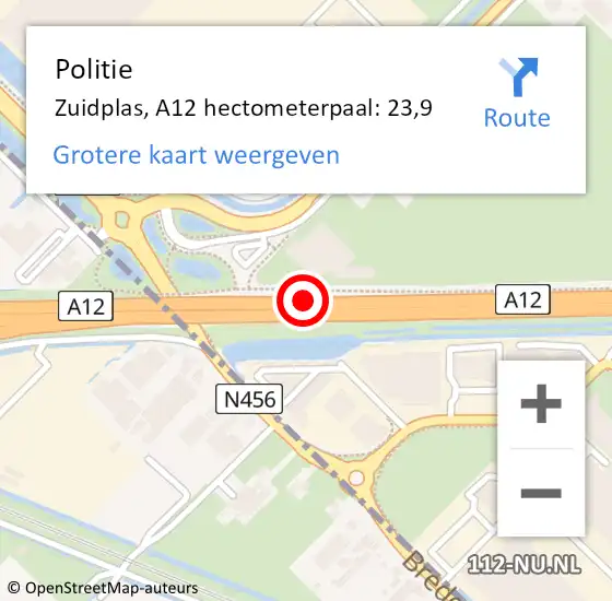 Locatie op kaart van de 112 melding: Politie Zuidplas, A12 hectometerpaal: 23,9 op 13 februari 2022 21:43