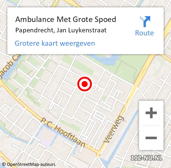 Locatie op kaart van de 112 melding: Ambulance Met Grote Spoed Naar Papendrecht, Jan Luykenstraat op 13 februari 2022 22:36