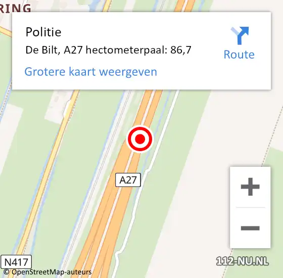 Locatie op kaart van de 112 melding: Politie De Bilt, A27 hectometerpaal: 86,7 op 14 februari 2022 00:43