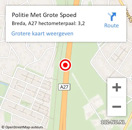 Locatie op kaart van de 112 melding: Politie Met Grote Spoed Naar Breda, A27 hectometerpaal: 3,2 op 14 februari 2022 03:29