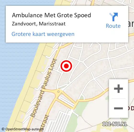 Locatie op kaart van de 112 melding: Ambulance Met Grote Spoed Naar Zandvoort, Marisstraat op 14 februari 2022 06:14