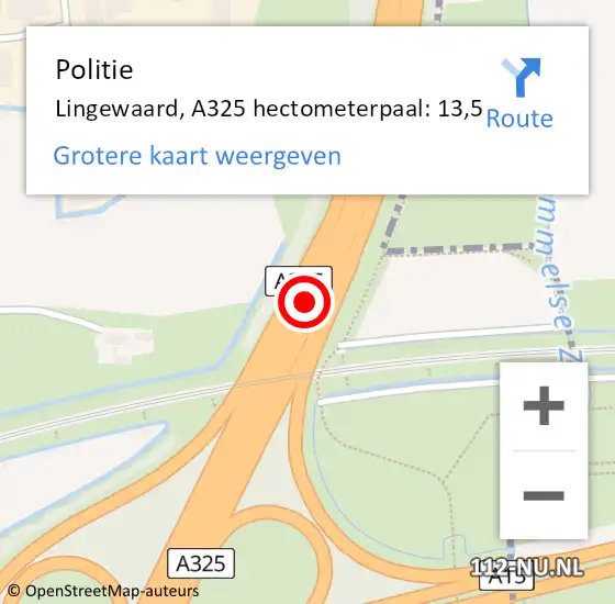 Locatie op kaart van de 112 melding: Politie Lingewaard, A325 hectometerpaal: 13,5 op 14 februari 2022 07:13