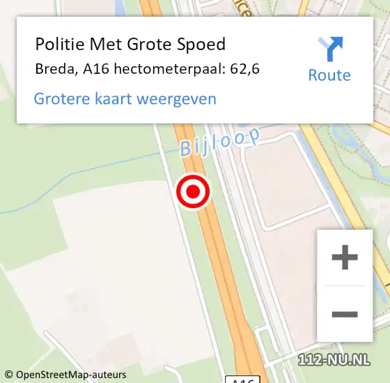 Locatie op kaart van de 112 melding: Politie Met Grote Spoed Naar Breda, A16 hectometerpaal: 62,6 op 14 februari 2022 07:46