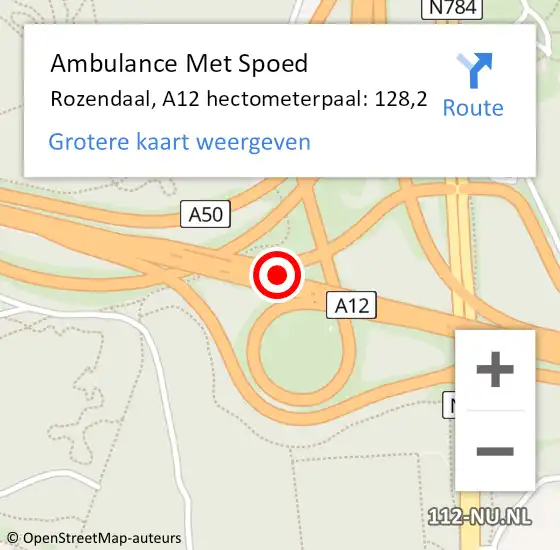 Locatie op kaart van de 112 melding: Ambulance Met Spoed Naar Rozendaal, A12 hectometerpaal: 128,2 op 14 februari 2022 07:54