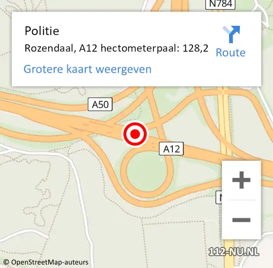 Locatie op kaart van de 112 melding: Politie Rozendaal, A12 hectometerpaal: 128,2 op 14 februari 2022 07:54