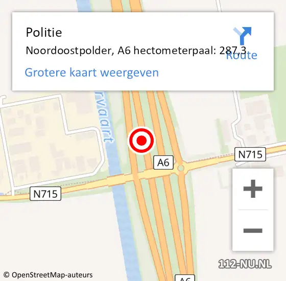 Locatie op kaart van de 112 melding: Politie Noordoostpolder, A6 hectometerpaal: 287,3 op 14 februari 2022 08:30