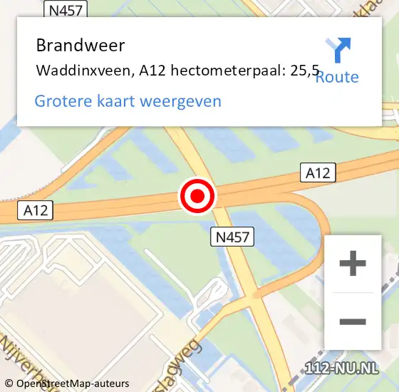 Locatie op kaart van de 112 melding: Brandweer Waddinxveen, A12 hectometerpaal: 25,5 op 14 februari 2022 09:52