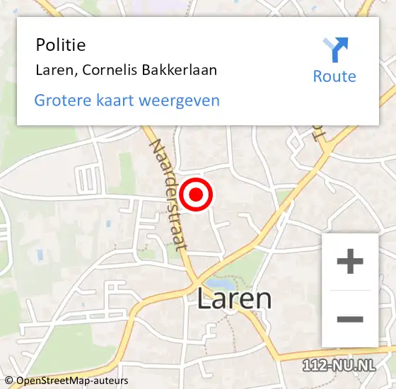 Locatie op kaart van de 112 melding: Politie Laren, Cornelis Bakkerlaan op 14 februari 2022 10:16