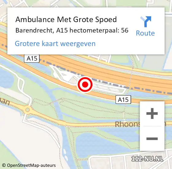 Locatie op kaart van de 112 melding: Ambulance Met Grote Spoed Naar Barendrecht, A15 hectometerpaal: 56 op 14 februari 2022 10:20