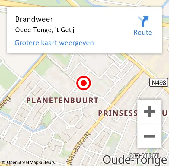 Locatie op kaart van de 112 melding: Brandweer Oude-Tonge, 't Getij op 14 februari 2022 10:35