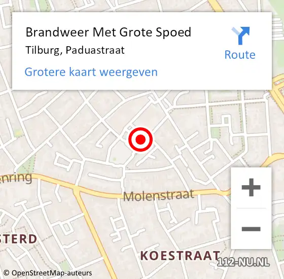Locatie op kaart van de 112 melding: Brandweer Met Grote Spoed Naar Tilburg, Paduastraat op 14 februari 2022 12:02