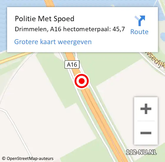 Locatie op kaart van de 112 melding: Politie Met Spoed Naar Drimmelen, A16 hectometerpaal: 45,7 op 14 februari 2022 12:09