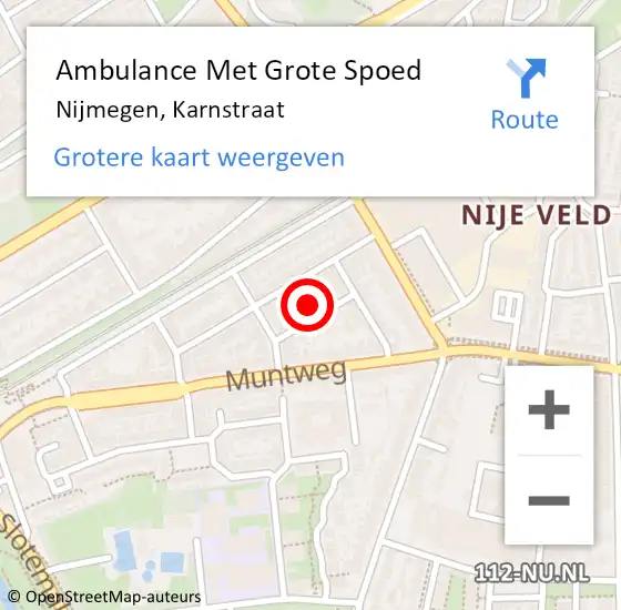Locatie op kaart van de 112 melding: Ambulance Met Grote Spoed Naar Nijmegen, Karnstraat op 14 februari 2022 14:48