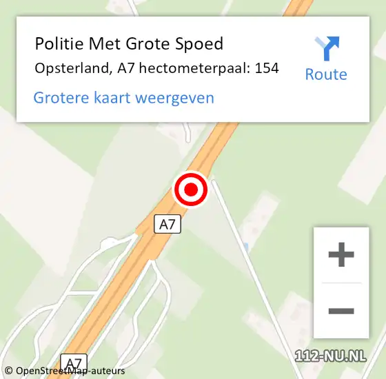 Locatie op kaart van de 112 melding: Politie Met Grote Spoed Naar Opsterland, A7 hectometerpaal: 154 op 14 februari 2022 15:07