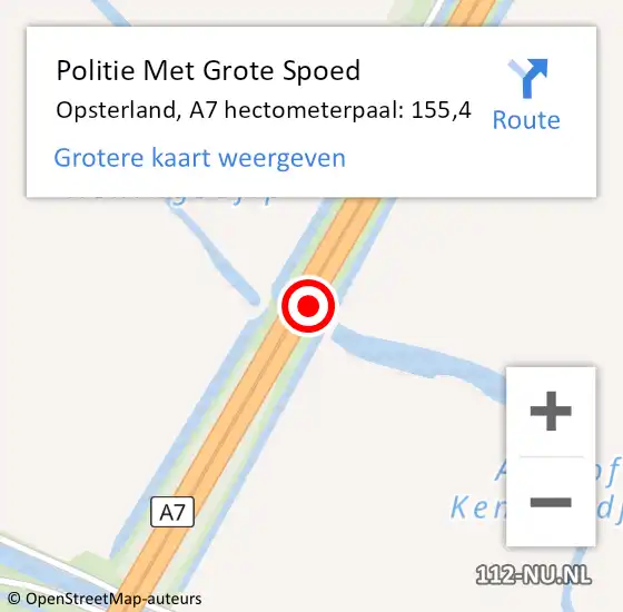 Locatie op kaart van de 112 melding: Politie Met Grote Spoed Naar Opsterland, A7 hectometerpaal: 155,4 op 14 februari 2022 15:07