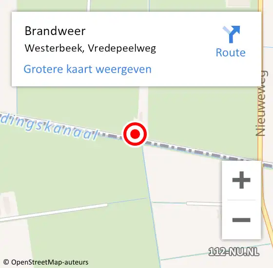 Locatie op kaart van de 112 melding: Brandweer Westerbeek, Vredepeelweg op 14 februari 2022 15:15