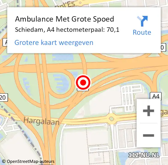 Locatie op kaart van de 112 melding: Ambulance Met Grote Spoed Naar Schiedam, A4 hectometerpaal: 70,1 op 14 februari 2022 15:58