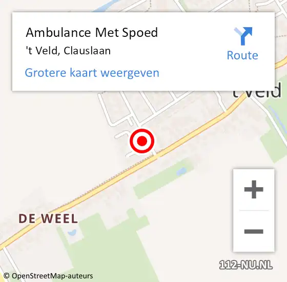 Locatie op kaart van de 112 melding: Ambulance Met Spoed Naar 't Veld, Clauslaan op 14 februari 2022 16:03