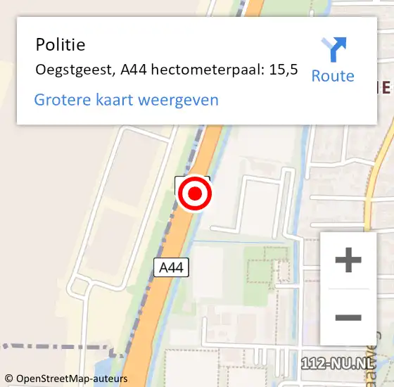 Locatie op kaart van de 112 melding: Politie Oegstgeest, A44 hectometerpaal: 15,5 op 14 februari 2022 16:16