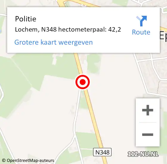 Locatie op kaart van de 112 melding: Politie Lochem, N348 hectometerpaal: 42,2 op 14 februari 2022 16:26