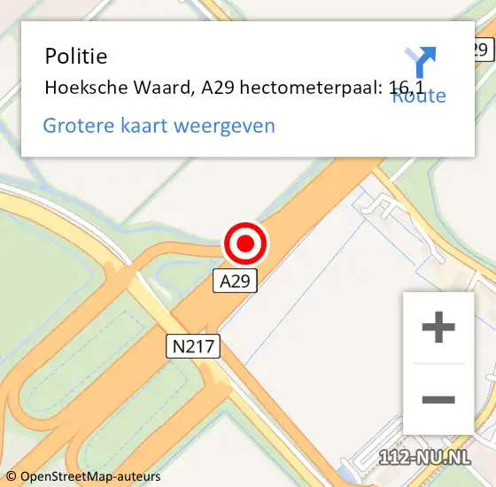 Locatie op kaart van de 112 melding: Politie Hoeksche Waard, A29 hectometerpaal: 16,1 op 14 februari 2022 17:18