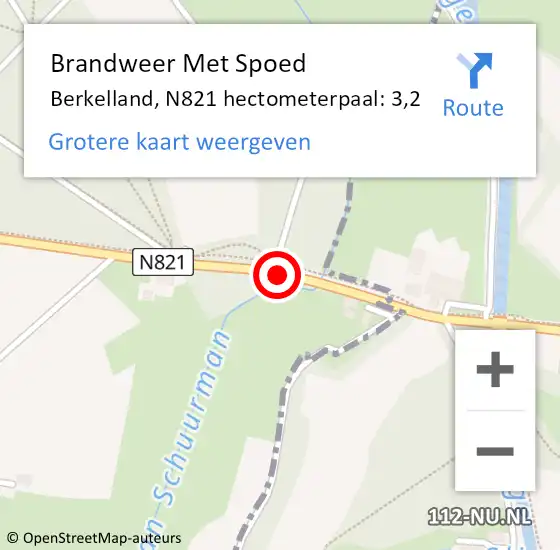 Locatie op kaart van de 112 melding: Brandweer Met Spoed Naar Berkelland, N821 hectometerpaal: 3,2 op 14 februari 2022 18:49