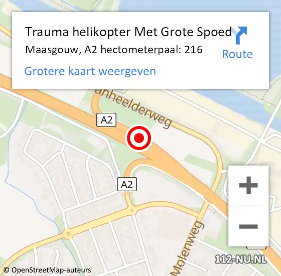 Locatie op kaart van de 112 melding: Trauma helikopter Met Grote Spoed Naar Maasgouw, A2 hectometerpaal: 216 op 14 februari 2022 20:24