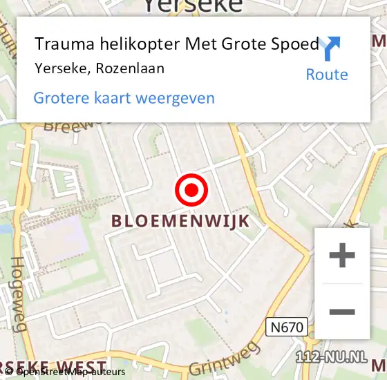 Locatie op kaart van de 112 melding: Trauma helikopter Met Grote Spoed Naar Yerseke, Rozenlaan op 14 februari 2022 21:05