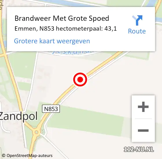 Locatie op kaart van de 112 melding: Brandweer Met Grote Spoed Naar Emmen, N853 hectometerpaal: 43,1 op 14 februari 2022 21:55