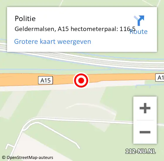 Locatie op kaart van de 112 melding: Politie West Betuwe, A15 hectometerpaal: 116,5 op 14 februari 2022 23:36