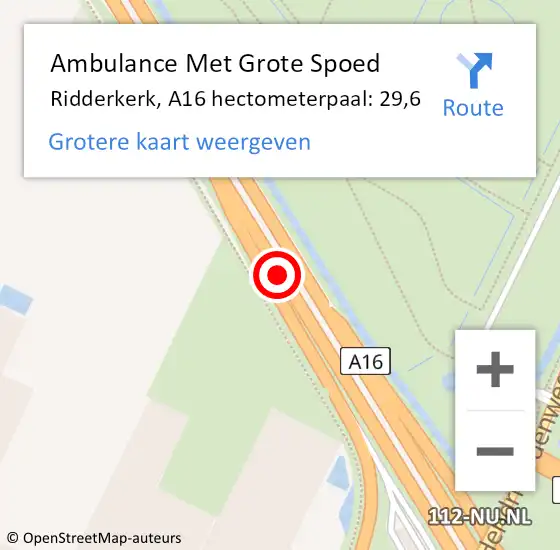 Locatie op kaart van de 112 melding: Ambulance Met Grote Spoed Naar Ridderkerk, A16 hectometerpaal: 29,6 op 15 februari 2022 02:00