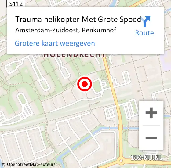 Locatie op kaart van de 112 melding: Trauma helikopter Met Grote Spoed Naar Amsterdam-Zuidoost, Renkumhof op 15 februari 2022 03:48