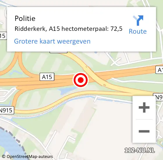 Locatie op kaart van de 112 melding: Politie Ridderkerk, A15 hectometerpaal: 72,5 op 15 februari 2022 06:55