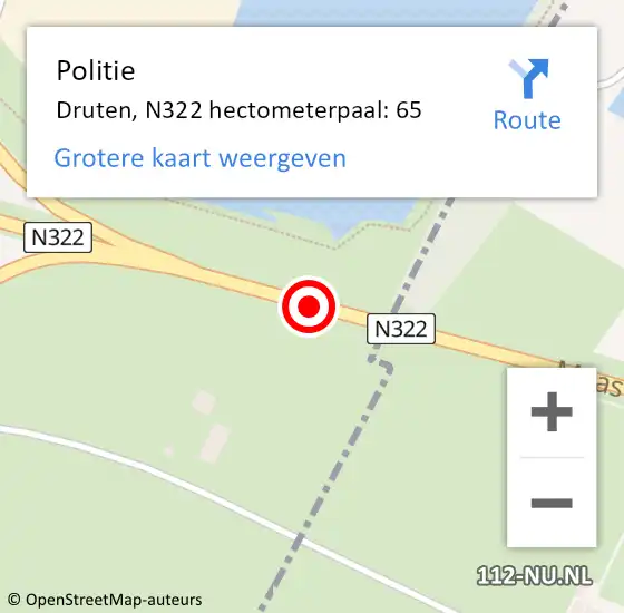 Locatie op kaart van de 112 melding: Politie Druten, N322 hectometerpaal: 65 op 15 februari 2022 07:36