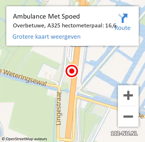 Locatie op kaart van de 112 melding: Ambulance Met Spoed Naar Overbetuwe, A325 hectometerpaal: 16,6 op 15 februari 2022 07:41