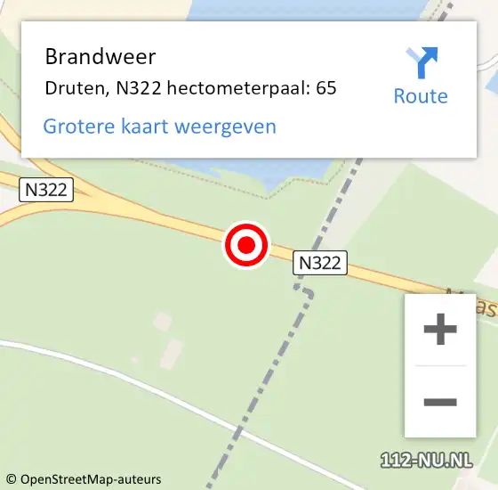 Locatie op kaart van de 112 melding: Brandweer Druten, N322 hectometerpaal: 65 op 15 februari 2022 07:57