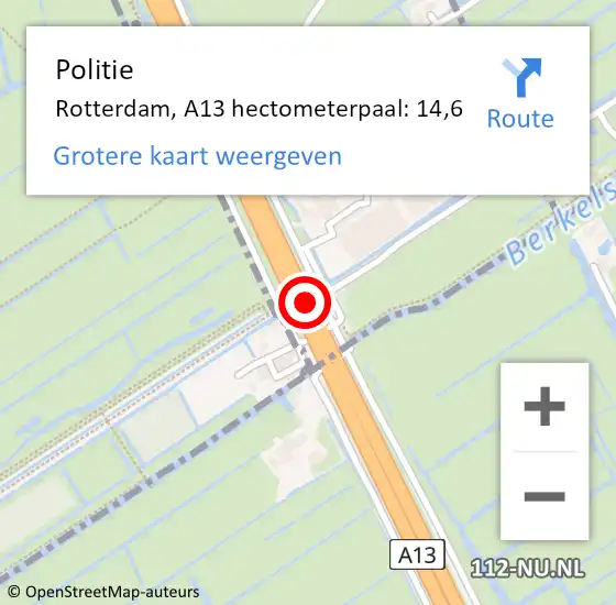 Locatie op kaart van de 112 melding: Politie Rotterdam, A13 hectometerpaal: 14,6 op 15 februari 2022 09:28