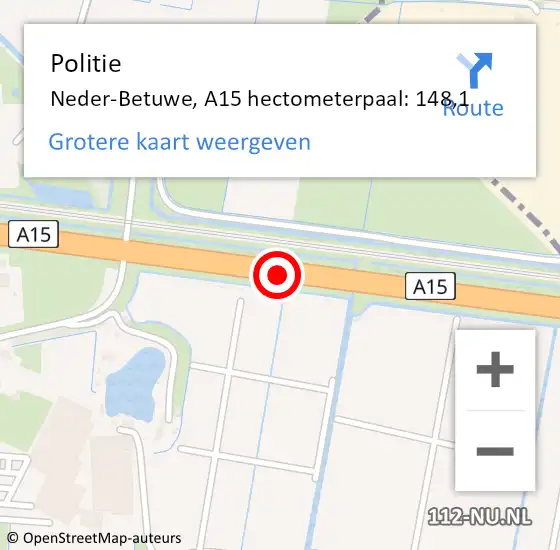 Locatie op kaart van de 112 melding: Politie Neder-Betuwe, A15 hectometerpaal: 148,1 op 15 februari 2022 12:44