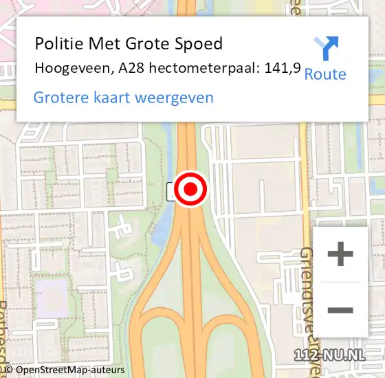 Locatie op kaart van de 112 melding: Politie Met Grote Spoed Naar Hoogeveen, A28 hectometerpaal: 141,9 op 15 februari 2022 12:55
