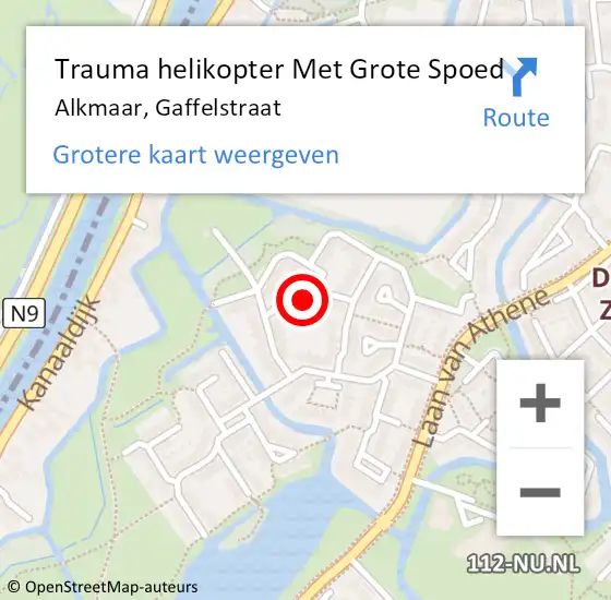 Locatie op kaart van de 112 melding: Trauma helikopter Met Grote Spoed Naar Alkmaar, Gaffelstraat op 15 februari 2022 14:23