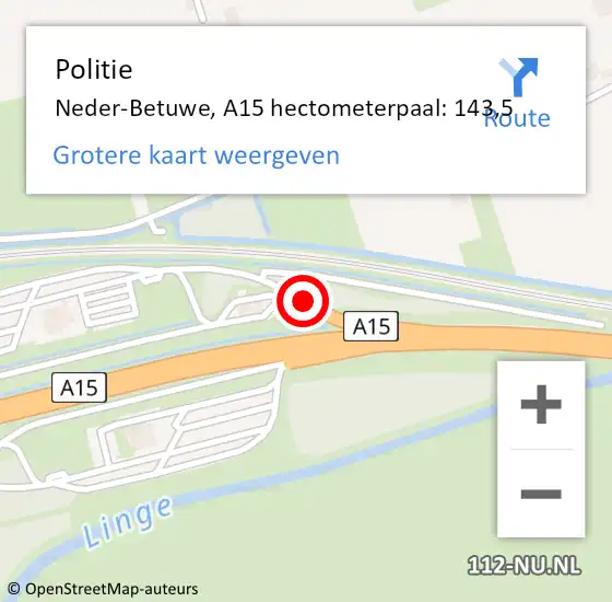 Locatie op kaart van de 112 melding: Politie Neder-Betuwe, A15 hectometerpaal: 143,5 op 15 februari 2022 15:09