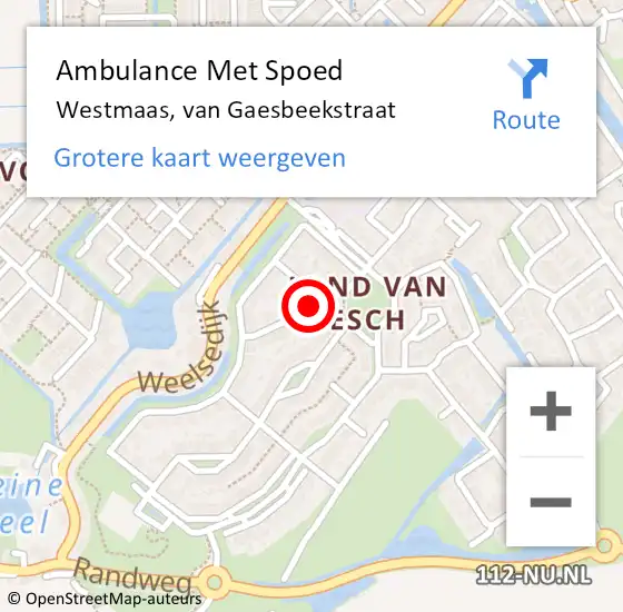 Locatie op kaart van de 112 melding: Ambulance Met Spoed Naar Westmaas, van Gaesbeekstraat op 15 februari 2022 16:47