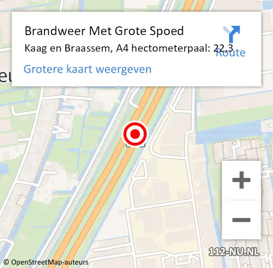 Locatie op kaart van de 112 melding: Brandweer Met Grote Spoed Naar Kaag en Braassem, A4 hectometerpaal: 22,3 op 15 februari 2022 17:12