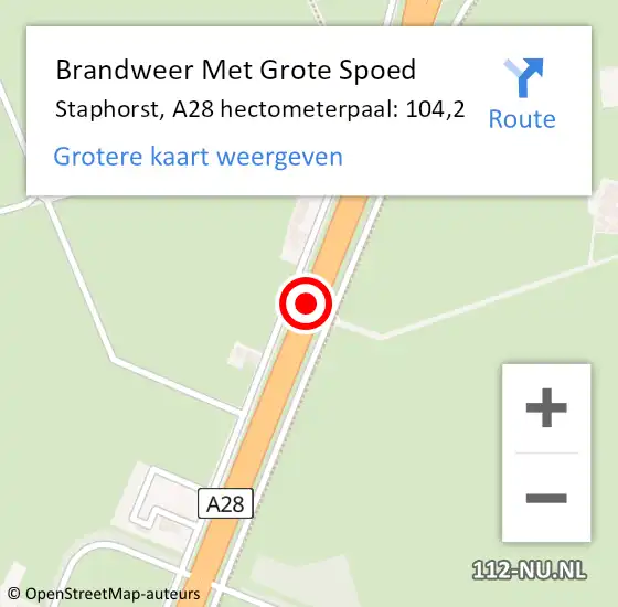 Locatie op kaart van de 112 melding: Brandweer Met Grote Spoed Naar Staphorst, A28 hectometerpaal: 104,2 op 15 februari 2022 17:32