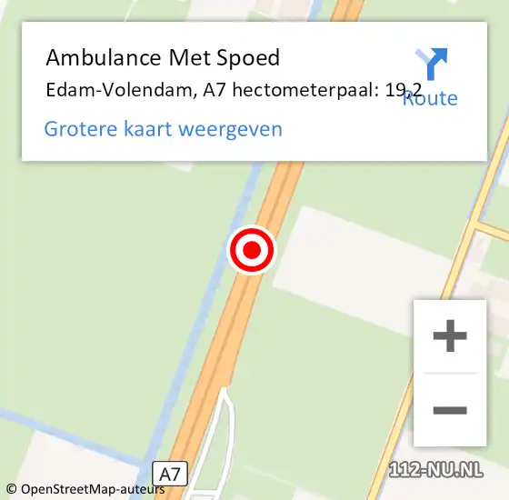 Locatie op kaart van de 112 melding: Ambulance Met Spoed Naar Edam-Volendam, A7 hectometerpaal: 19,2 op 15 februari 2022 17:47