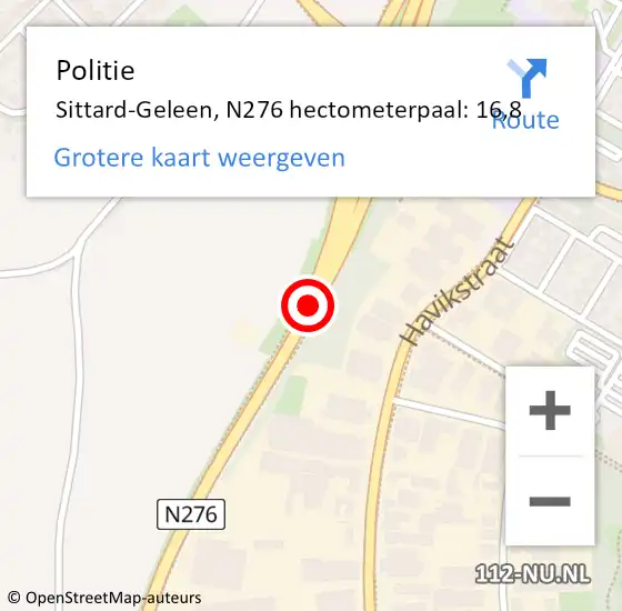 Locatie op kaart van de 112 melding: Politie Sittard-Geleen, N276 hectometerpaal: 16,8 op 15 februari 2022 19:24